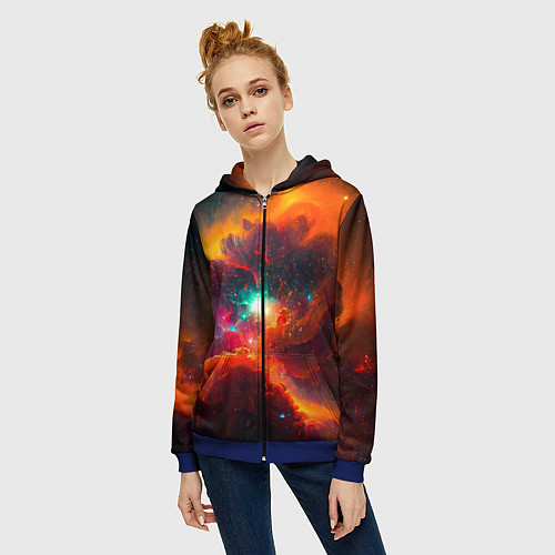 Женская толстовка на молнии Небула в космосе в оранжевых тонах - нейронная сет / 3D-Синий – фото 3