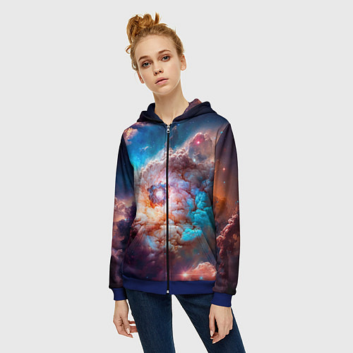 Женская толстовка на молнии Небула в космосе в голубо-розовых тонах - нейронна / 3D-Синий – фото 3
