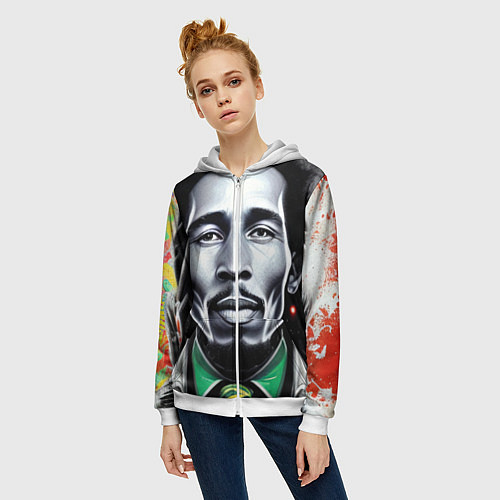 Женская толстовка на молнии Боб Марли граффити триколор / 3D-Белый – фото 3