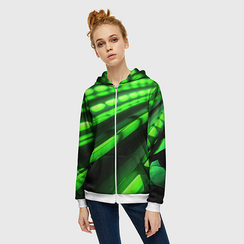 Женская толстовка на молнии Green neon abstract / 3D-Белый – фото 3