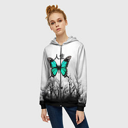 Толстовка на молнии женская С бабочкой на фоне японского иероглифа, цвет: 3D-черный — фото 2