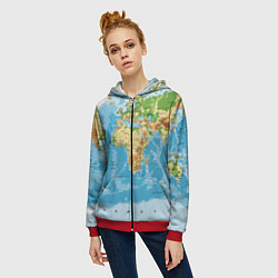 Толстовка на молнии женская Атлас мира, цвет: 3D-красный — фото 2