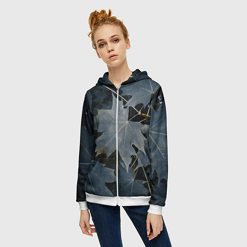 Женская толстовка на молнии Листовый синий паттерн / 3D-Белый – фото 3