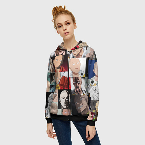 Женская толстовка на молнии Saitama - many faces / 3D-Черный – фото 3