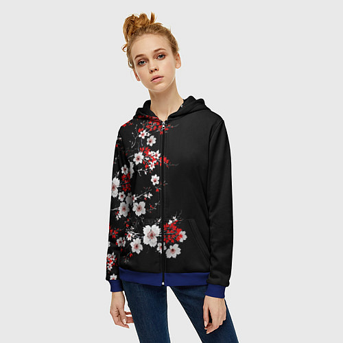 Женская толстовка на молнии Белая и красная сакура - цветение / 3D-Синий – фото 3