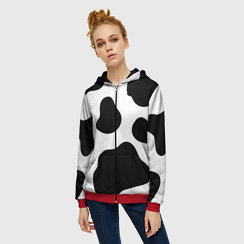 Женская толстовка на молнии Принт - пятна коровы / 3D-Красный – фото 3