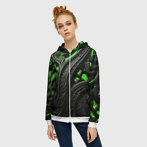 Женская толстовка на молнии Green black abstract / 3D-Белый – фото 3