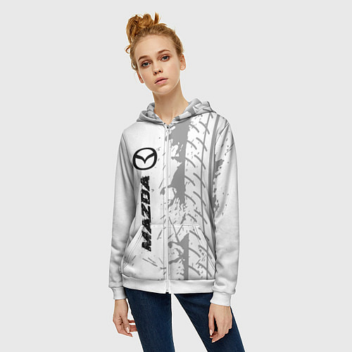Женская толстовка на молнии Mazda speed на светлом фоне со следами шин: по-вер / 3D-Белый – фото 3