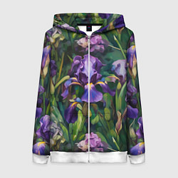 Толстовка на молнии женская Ирисы паттерн, цвет: 3D-белый
