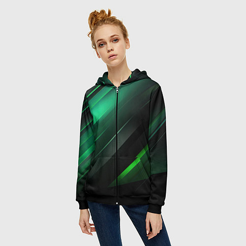 Женская толстовка на молнии Black green abstract / 3D-Черный – фото 3