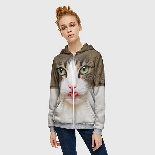 Женская толстовка на молнии Кошка показывает язык / 3D-Меланж – фото 3