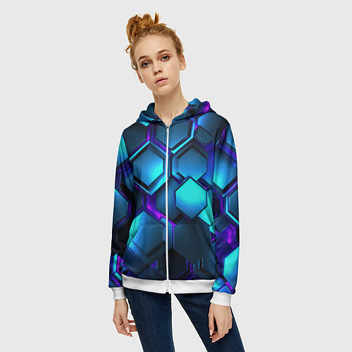 Женская толстовка на молнии Объемные неоновые плиты / 3D-Белый – фото 3