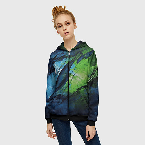 Женская толстовка на молнии Green blue abstract / 3D-Черный – фото 3