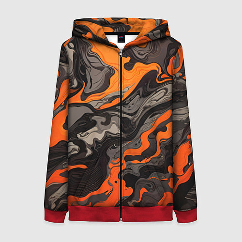 Женская толстовка на молнии Оранжево-черный камуфляж / 3D-Красный – фото 1