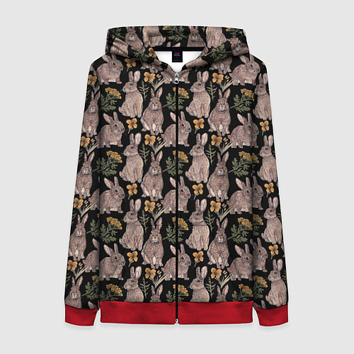 Женская толстовка на молнии Зайцы и пижма / 3D-Красный – фото 1