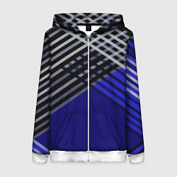 Толстовка на молнии женская Белые и серые полосы на синем фоне, цвет: 3D-белый