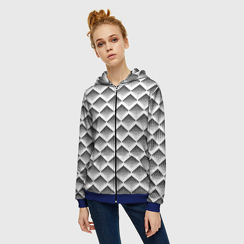 Женская толстовка на молнии Ромбы из черных треугольников / 3D-Синий – фото 3