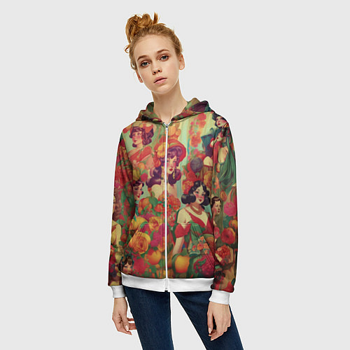 Женская толстовка на молнии Винтажные ретро леди и цветы / 3D-Белый – фото 3