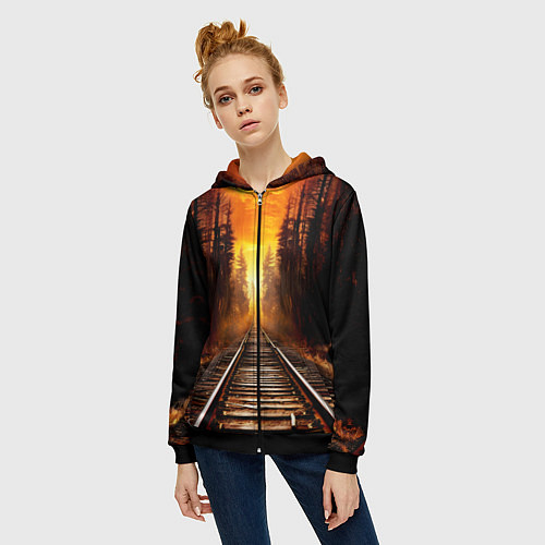 Женская толстовка на молнии Железная дорога на закате / 3D-Черный – фото 3