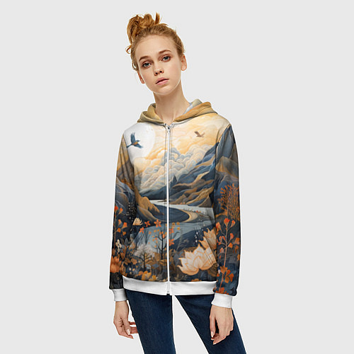 Женская толстовка на молнии Солнечное утро в цветущих горах / 3D-Белый – фото 3