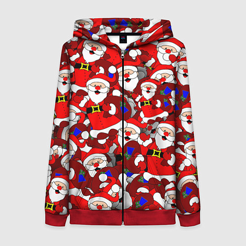 Женская толстовка на молнии Новогодний паттерн с дедами морозами / 3D-Красный – фото 1
