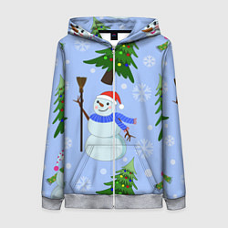 Толстовка на молнии женская Снеговики с новогодними елками паттерн, цвет: 3D-меланж
