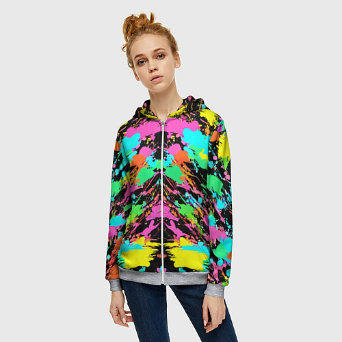 Женская толстовка на молнии Красочный зеркальный паттерн - кляксы / 3D-Меланж – фото 3