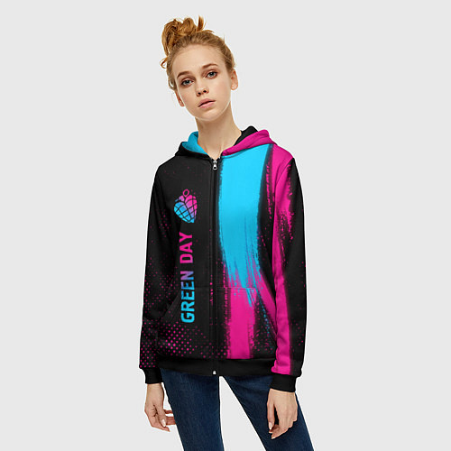 Женская толстовка на молнии Green Day - neon gradient: по-вертикали / 3D-Черный – фото 3