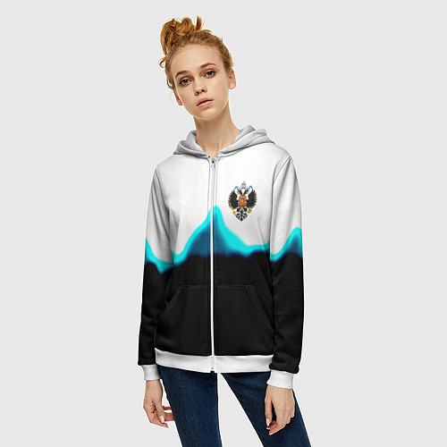 Женская толстовка на молнии Герб РФ синяя волна / 3D-Белый – фото 3