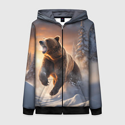 Толстовка на молнии женская Бурый медведь в лесу, цвет: 3D-черный