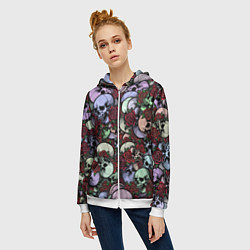 Толстовка на молнии женская Череп с розами паттерн, цвет: 3D-белый — фото 2