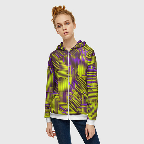 Женская толстовка на молнии Киберпанк линии фиолетовые и жёлтые / 3D-Белый – фото 3