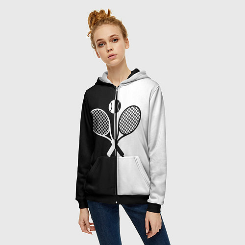 Женская толстовка на молнии Теннис - чёрно белое / 3D-Черный – фото 3