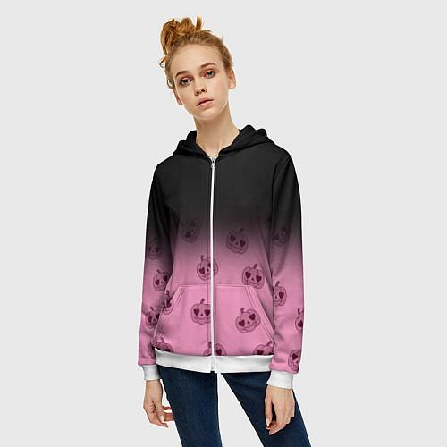 Женская толстовка на молнии Черно-розовый градиент и хэллоуинские тыквы паттер / 3D-Белый – фото 3