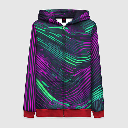 Женская толстовка на молнии Волнистые линии зелёные и фиолетовые / 3D-Красный – фото 1