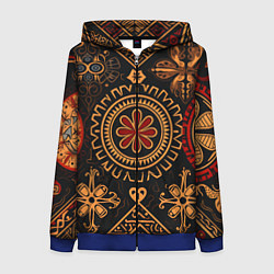 Толстовка на молнии женская Орнамент в славянском стиле на тёмном фоне, цвет: 3D-синий