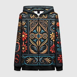 Толстовка на молнии женская Узор с растительными элементами в славянском стиле, цвет: 3D-черный