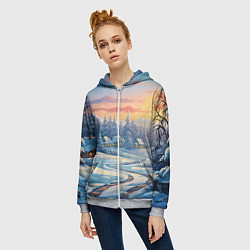 Толстовка на молнии женская Новогодний пейзаж зимний, цвет: 3D-меланж — фото 2