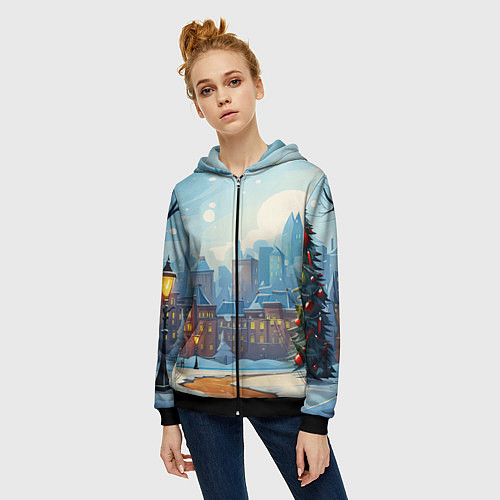 Женская толстовка на молнии Новогодний город / 3D-Черный – фото 3