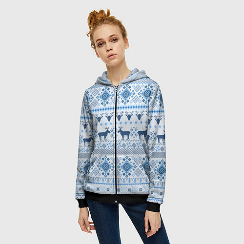 Женская толстовка на молнии Blue sweater with reindeer / 3D-Черный – фото 3
