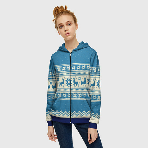 Женская толстовка на молнии Sweater with deer on a blue background / 3D-Синий – фото 3