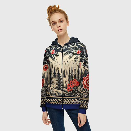 Женская толстовка на молнии Новогодний лес с узорами / 3D-Синий – фото 3
