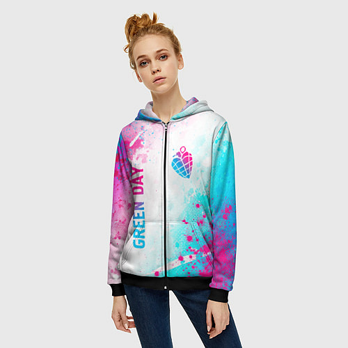 Женская толстовка на молнии Green Day neon gradient style вертикально / 3D-Черный – фото 3