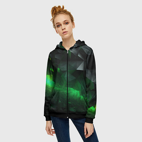 Женская толстовка на молнии Асимметрия зеленого узора / 3D-Черный – фото 3