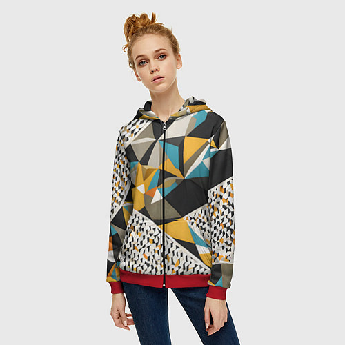 Женская толстовка на молнии Красные жёлтые и чёрные треугольники / 3D-Красный – фото 3