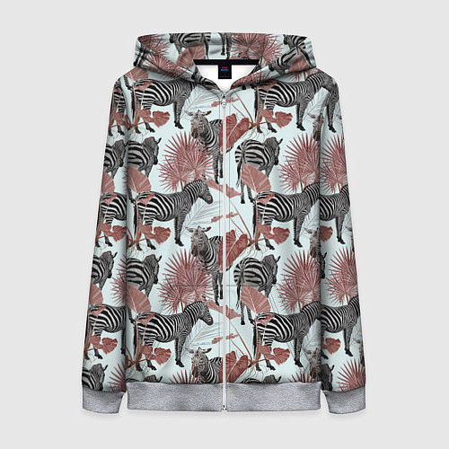 Женская толстовка на молнии Зебры в пальмах / 3D-Меланж – фото 1