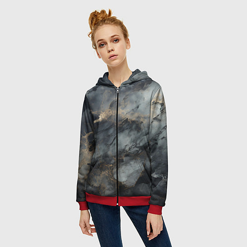 Женская толстовка на молнии Темно-серый мрамор / 3D-Красный – фото 3