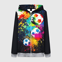 Толстовка на молнии женская Разноцветные футбольные мячи, цвет: 3D-меланж