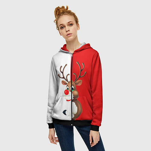 Женская толстовка на молнии Christmas deer art / 3D-Черный – фото 3