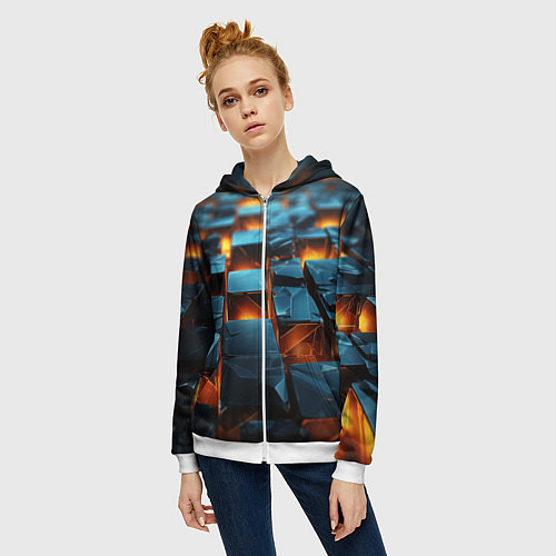 Женская толстовка на молнии Темные плитки в лаве / 3D-Белый – фото 3